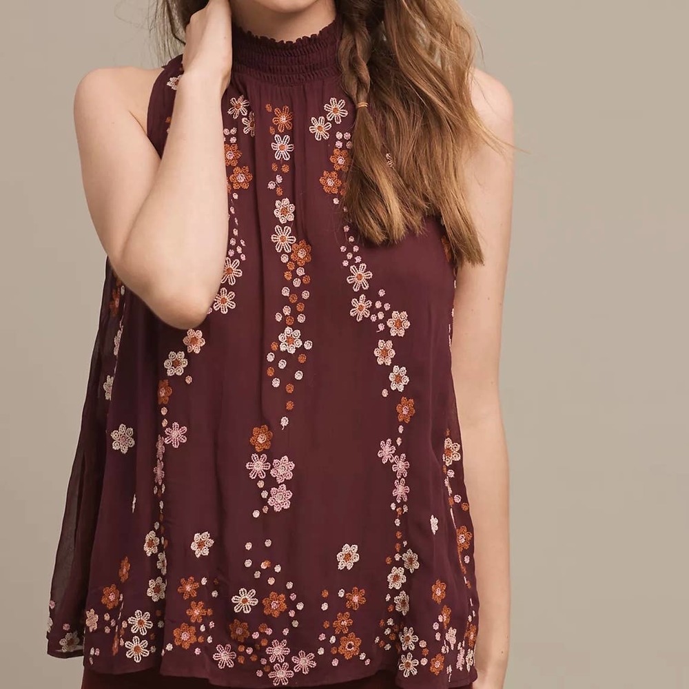 Anthropologie Floreat Womens Daisy Chain Embroidered Top size Large Deep Purple